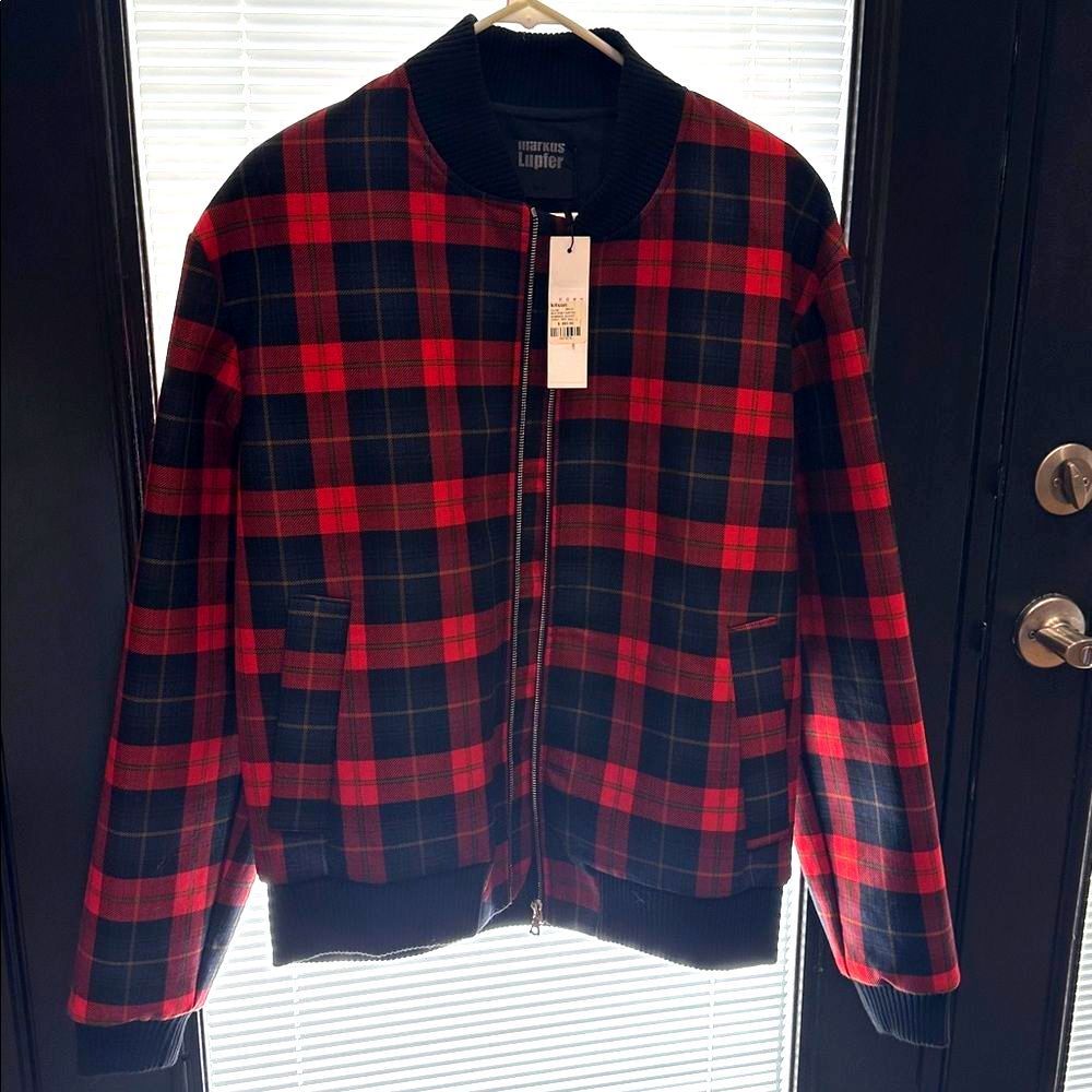 Markus Lupfer Red & Black Plaid Tartan Bomber Jacket - Size Large (NWT)